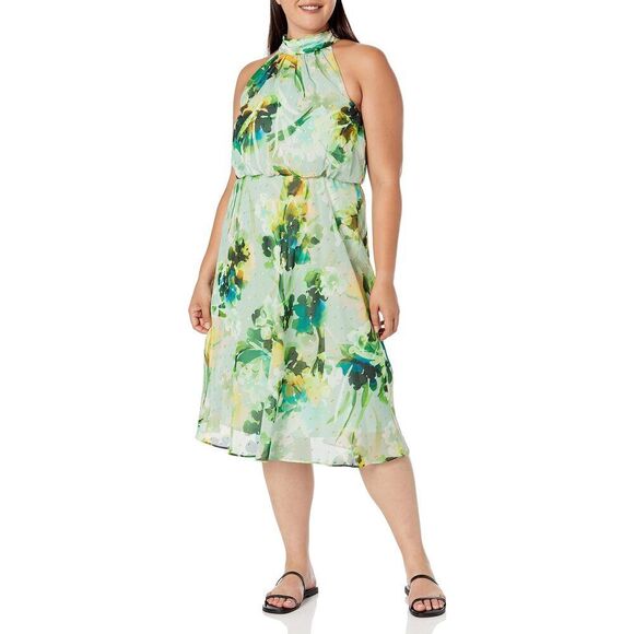 Women's Chiffon Halter Blouson Dress 16 Green Multi